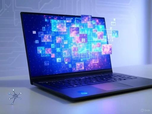 A sleek laptop displaying a digital matrix of colorful, interconnected squares against a futuristic background.