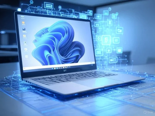 A digital concept image of a laptop surrounded by holographic icons and circuits, symbolizing technology and connectivity.