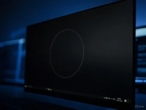 A dark computer monitor displaying a simple circle design, surrounded by a dimly lit environment.