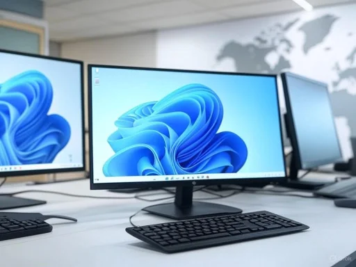 Three computer monitors displaying the Windows 11 desktop with a blue abstract wallpaper are arranged on a white desk.