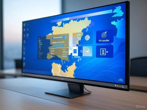 A flat-screen monitor displays a digital map and various icons related to financial or technological services.