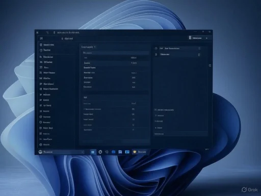 A computer screen displays a dark-themed dashboard with various data categories, set against a blue, abstract background.