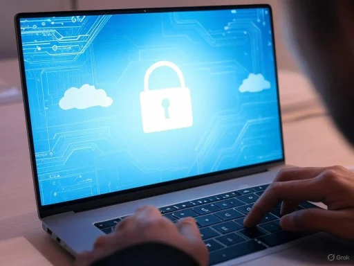 A person using a laptop displaying a cloud security lock icon, symbolizing data security and online privacy.