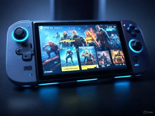 A handheld gaming console displaying a game menu with characters from a sci-fi or action game, illuminated by blue lights. A handheld gaming console displaying a game menu with characters from a sci-fi or action game, illuminated by blue lights.