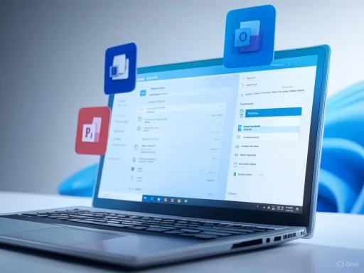 A laptop displaying Microsoft email, Teams, and PowerPoint icons floating above the screen.