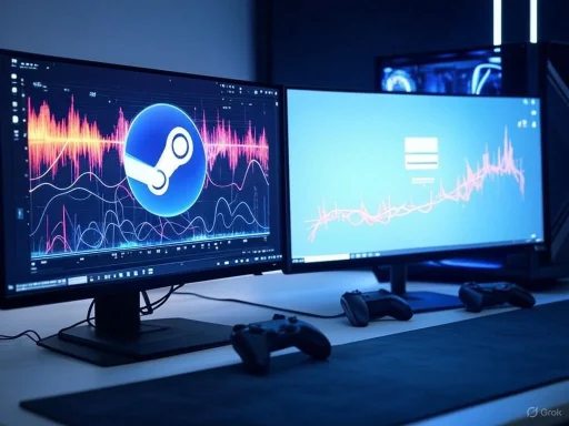 Dual monitors displaying audio waveforms with a Steam logo, in a gaming or tech setup environment.