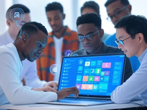 A diverse group of people collaborates around a laptop displaying a colorful digital interface or dashboard.