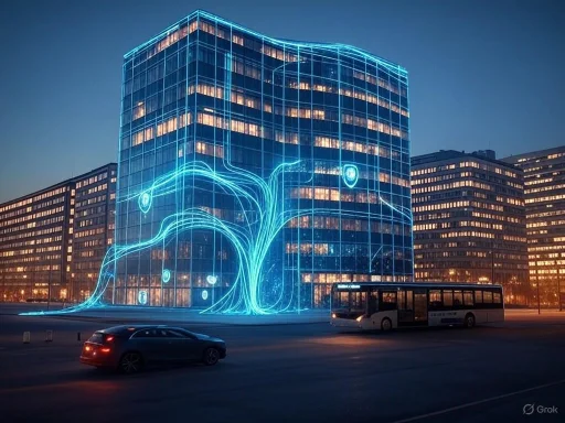 A modern glass building illuminated with digital blue light projections resembling a stylized tree with shields.
