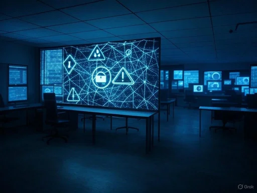 A dark control room displays numerous monitors with glowing warning and security symbols on a large digital screen.