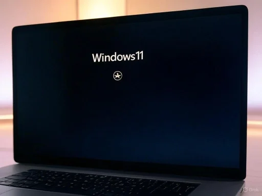 A laptop screen displays the Windows 11 startup or login screen with a dark background. A laptop screen displays the Windows 11 startup or login screen with a dark background.
