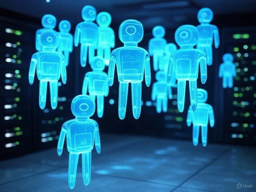 Futuristic blue holographic humanoid figures floating in a tech server room.