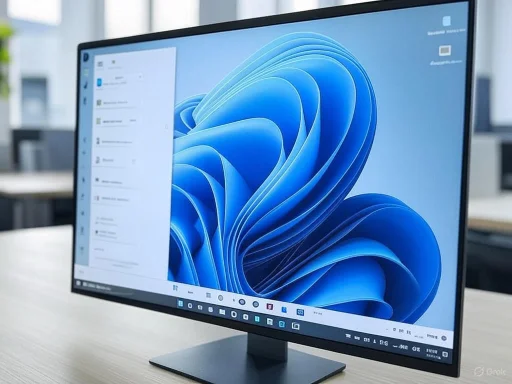 A close-up of a modern desktop computer monitor displaying the Windows 11 desktop with a blue abstract background.