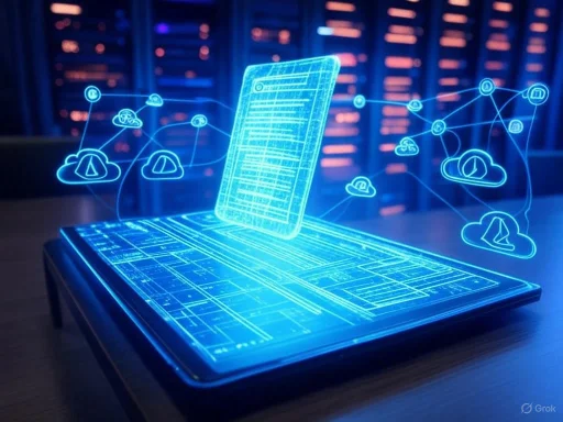 Futuristic digital blueprint of a smartphone with cloud icons and network connections, displayed on a tablet.