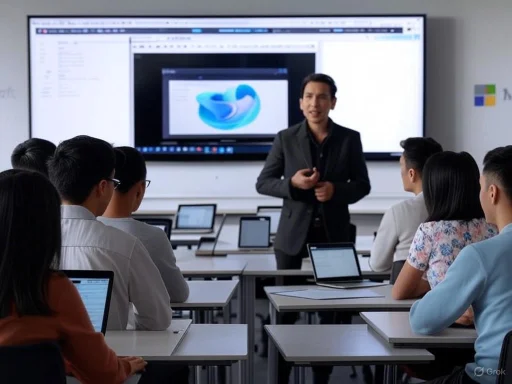 A man presents to a classroom of students using digital devices, with a large screen displaying a 3D computer graphic.