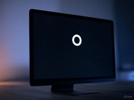 A computer monitor displaying a white circle on a black background, set in a dimly lit room.