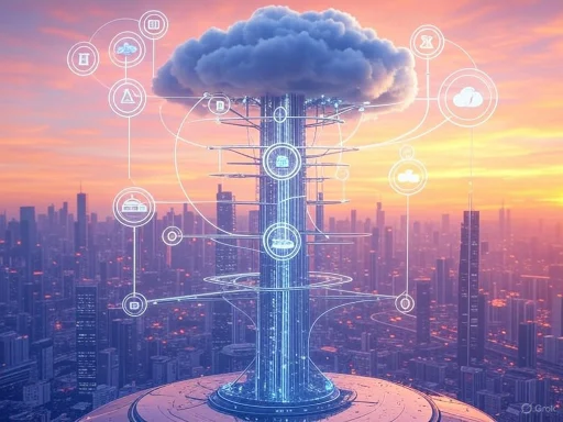 A futuristic cityscape with a towering data cloud and digital icons representing cloud computing and connectivity at sunset. A futuristic cityscape with a towering data cloud and digital icons representing cloud computing and connectivity at sunset.