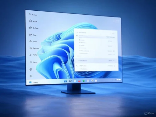 A computer monitor displaying a Windows operating system with a blue abstract background and a sidebar menu.