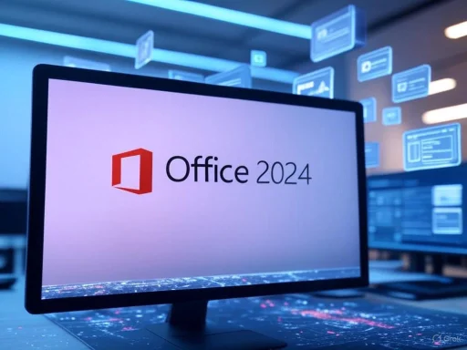 Computer screen displaying the Office 2024 logo in a high-tech workspace with floating digital interface elements.