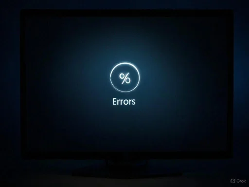 A monitor displays a dark screen with a glowing error message showing a percentage symbol and the word 'Errors.' A monitor displays a dark screen with a glowing error message showing a percentage symbol and the word 'Errors.'