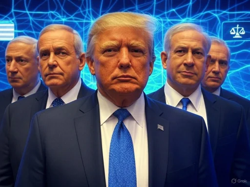 A group of men in suits stand in front of a digital, technological background with serious expressions.