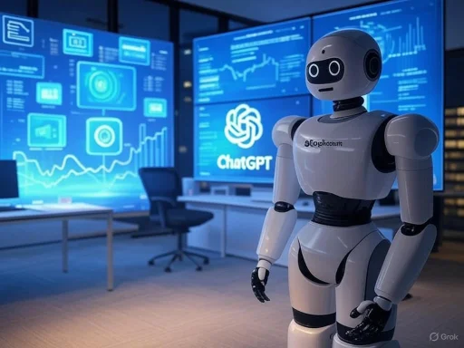 A humanoid robot stands in a tech-focused control room with large screens displaying ChatGPT and data analytics. A humanoid robot stands in a tech-focused control room with large screens displaying ChatGPT and data analytics.