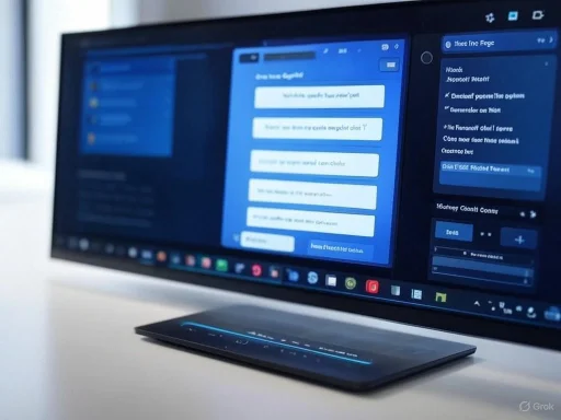 A computer monitor displays a blue-themed interface, with a smartphone placed below it on a white surface. A computer monitor displays a blue-themed interface, with a smartphone placed below it on a white surface.