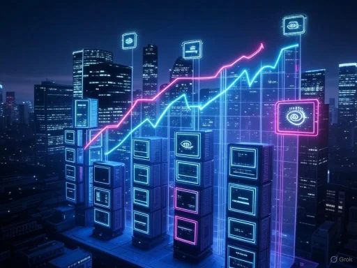 Futuristic cityscape with neon glowing skyscrapers and digital graphs showing upward trends against a night skyline.