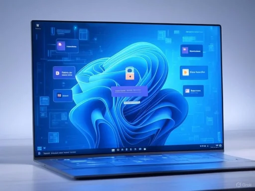 A sleek laptop displays a digital security interface with a blue abstract background and various security icons.