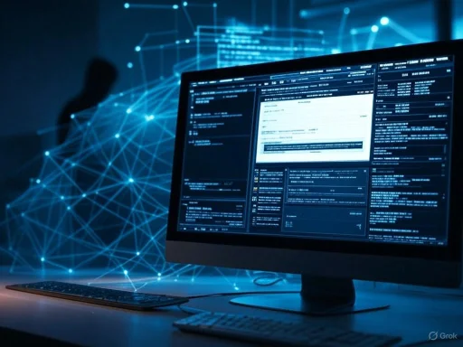 A computer screen displays code and data visualization, with a blurred silhouette and digital network graphics in the background. A computer screen displays code and data visualization, with a blurred silhouette and digital network graphics in the background.