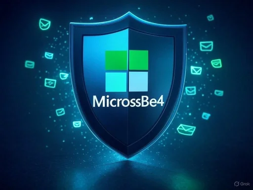 A digital shield with the text 'MicrossBe4' and scattered email icons, symbolizing online security and protection.