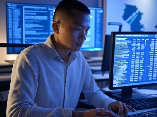 A person working at a computer with multiple screens displaying code and data in a dark office environment.