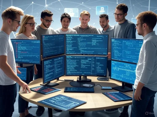A group of programmers collaborates around multiple monitors displaying complex code and technical schematics in a high-tech environment.