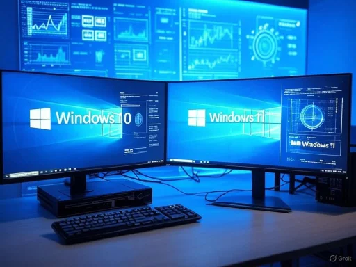 Dual monitors display Windows 10 and Windows 11 interfaces in a high-tech setup with graphical data on a large screen in the background.