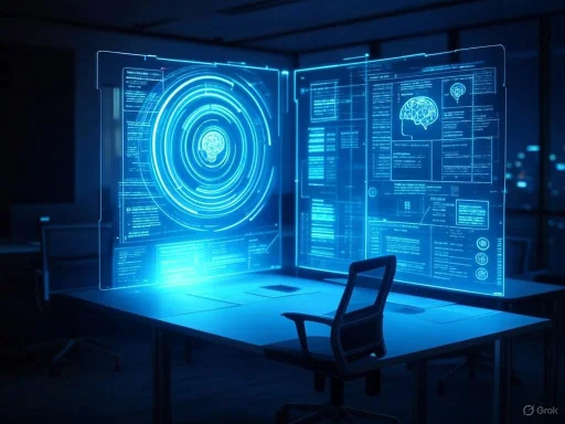 A futuristic office with holographic digital displays of brain scans and data projections on a desk.