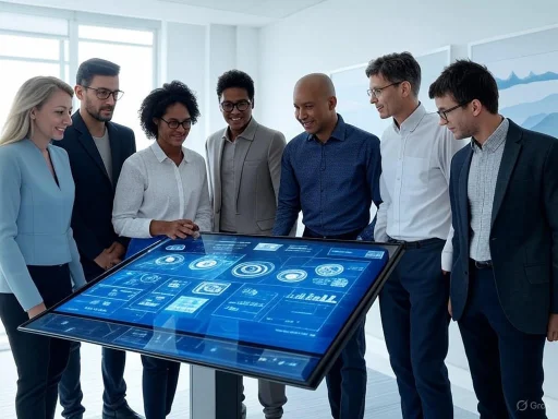 Team of professionals reviewing data on a large, interactive digital display in a modern office. Team of professionals reviewing data on a large, interactive digital display in a modern office.