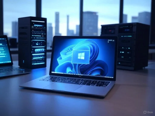 A laptop displaying Windows 11 logo in a server room with multiple servers and a city skyline outside.