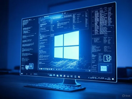 A futuristic computer screen displays Windows OS interface with data and icons, emitting a blue glow.