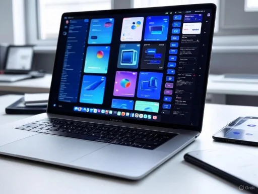 A MacBook displaying a design app with various colorful templates, on a white desk in an office setting.