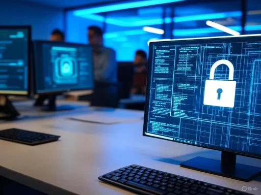 Cybersecurity team monitors encrypted data on multiple computer screens in a modern office.