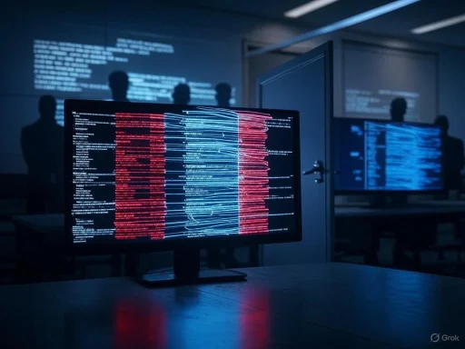 Dark room with multiple monitors displaying lines of code and data, silhouettes of people in the background.