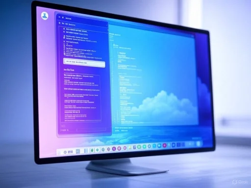 A computer monitor displays a blue-themed desktop with coding or scripting windows open.