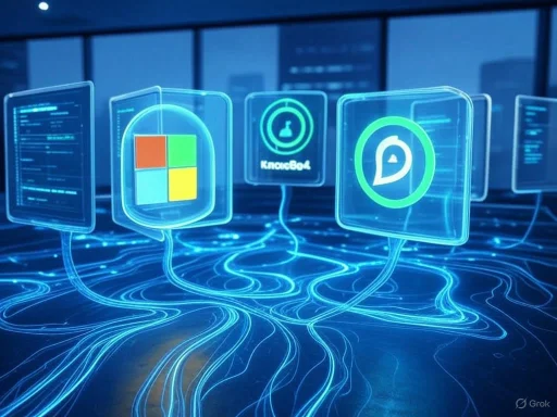 Futuristic digital interface with interconnected holographic screens displaying tech icons and data.