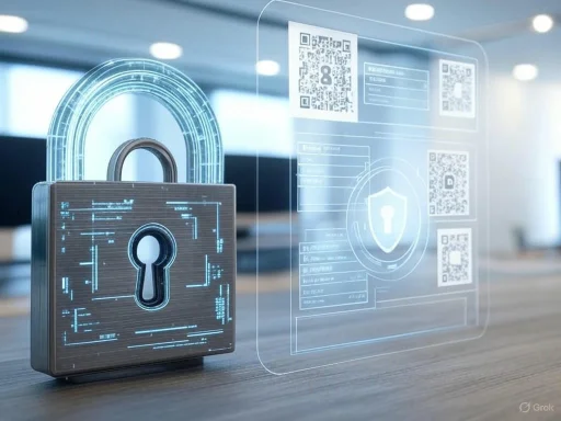 A digital security padlock with holographic security data and QR codes in a high-tech environment.