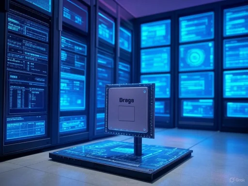 A technology server room with illuminated blue computer screens and a central device labeled 'Braiga.'
