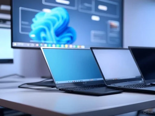 Multiple laptops connected to a large monitor in a tech workspace.