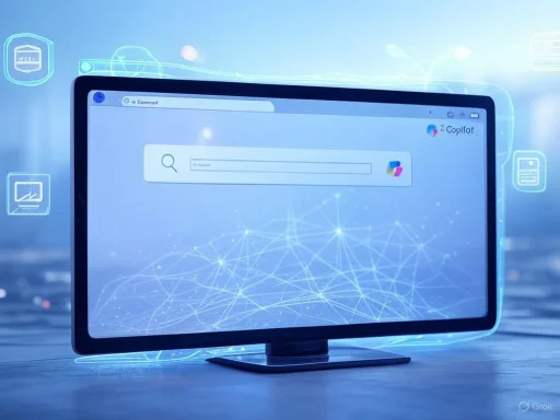 A computer monitor displays a search engine interface with digital network graphics and icons representing technology and data.