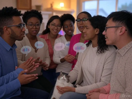 Group of diverse peoplehaving a discussion with a cat on their laps, using speech bubble icons.