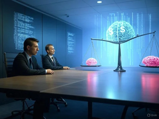 Two businessmen in suits sit at a conference table, facing a digital display of brain images and a scale balancing brains.