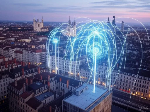 City skyline at dusk overlaid with digital Wi-Fi signal graphics extending from a rooftop. City skyline at dusk overlaid with digital Wi-Fi signal graphics extending from a rooftop.
