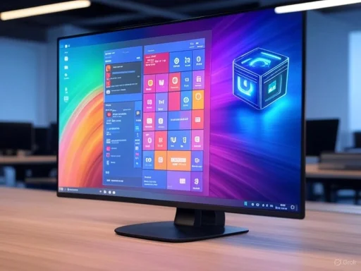 A computer monitor displaying a colorful desktop with various app icons and a digital 3D cube graphic. A computer monitor displaying a colorful desktop with various app icons and a digital 3D cube graphic.